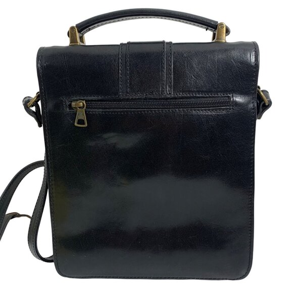 Vintage 80s Black Leather Top Handle Accordion Shoulder Bag Front Flap Clasp - Picture 5 of 11